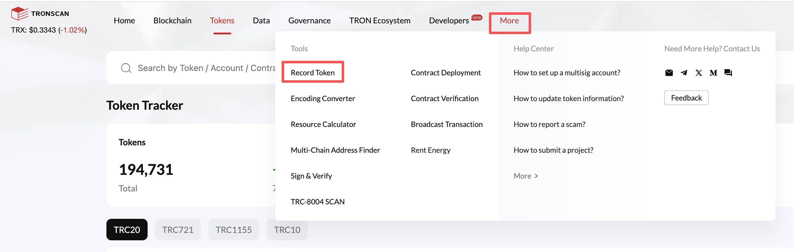 TRONSCAN: More menu, Tools section, Record Token